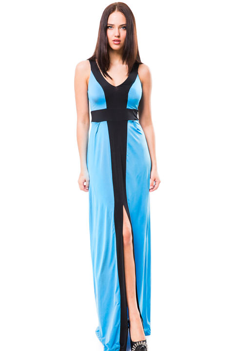 Фото товара 3997, длинное летнее платье с глубоким декольте и разрезом впереди