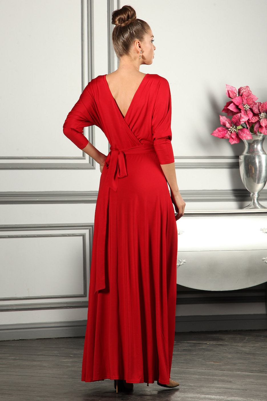 Фото товара 9568, красное вечернее платье в пол с длинными рукавами