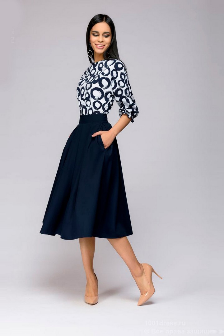 Фото товара 21152, синее платье с принтованным верхом