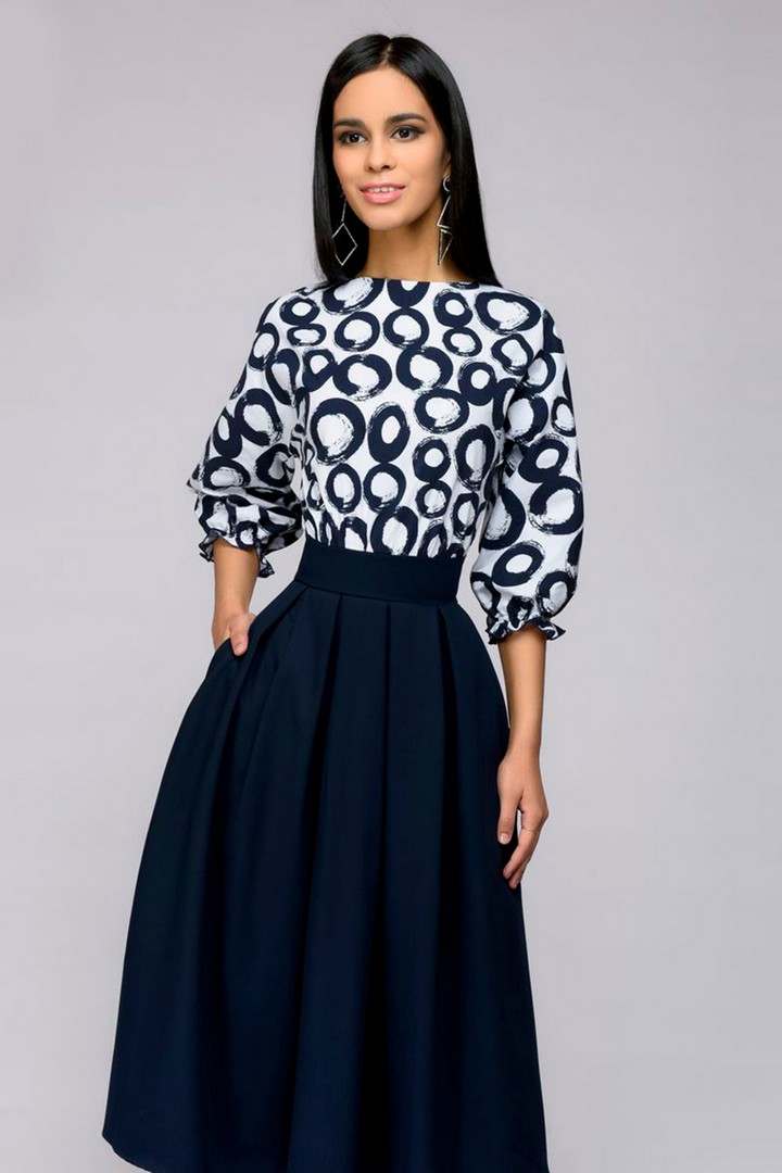 Фото товара 21154, синее платье с принтованным верхом