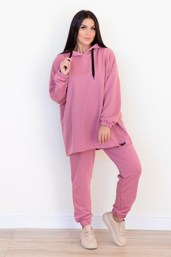 Фото товара 21556, женский розовый костюм с длинной толстовкой