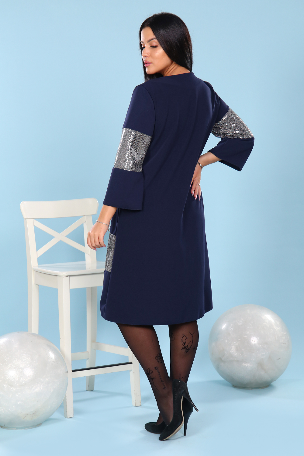 Фото товара 21674, нарядное темно-синее платье с серебристыми блестками