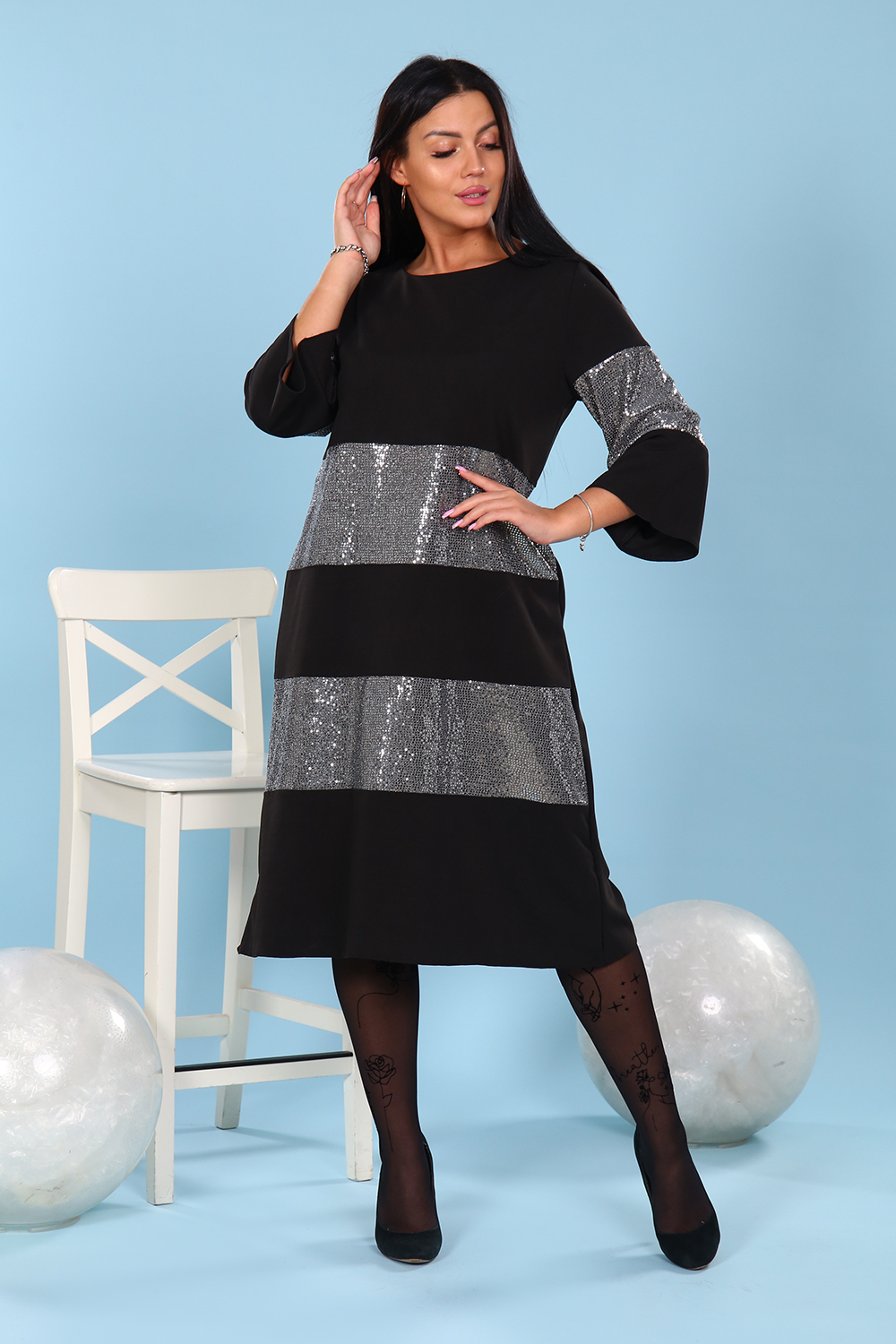 Фото товара 21676, нарядное черное платье с серебристыми блестками