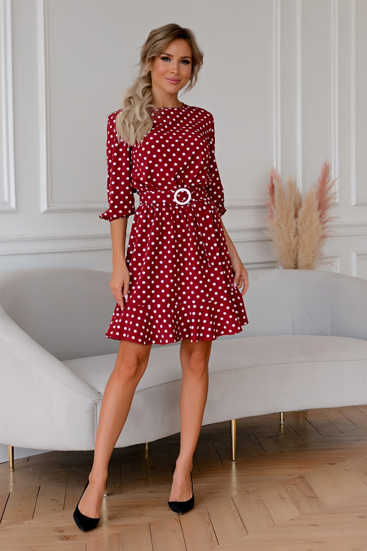 Фото товара 22332, платье винного цвета в горошек