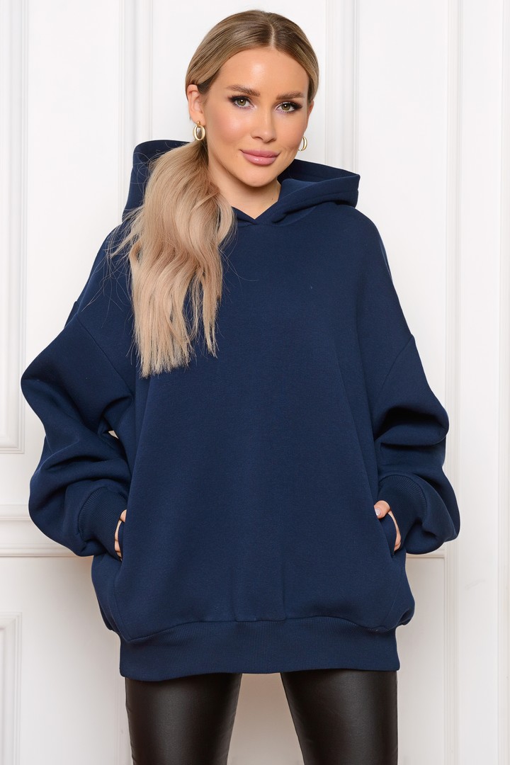 Фото товара 22432, темно-синее теплое худи оверсайз с начесом