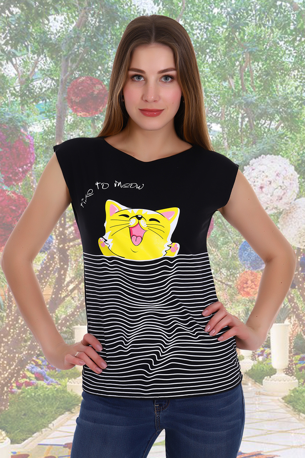 Фото товара 15287, черная футболка с котом