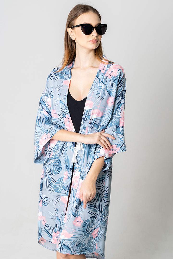 Фото товара 19082, туника с поясом серо-голубая