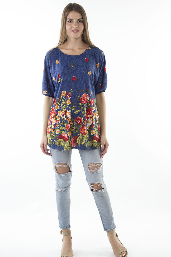 Фото товара 19466, синяя блуза с цветами