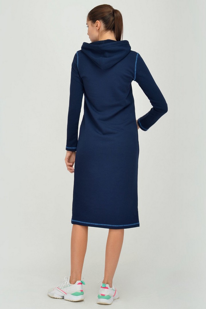 Фото товара 19881, темно-синее трикотажное платье с капюшоном