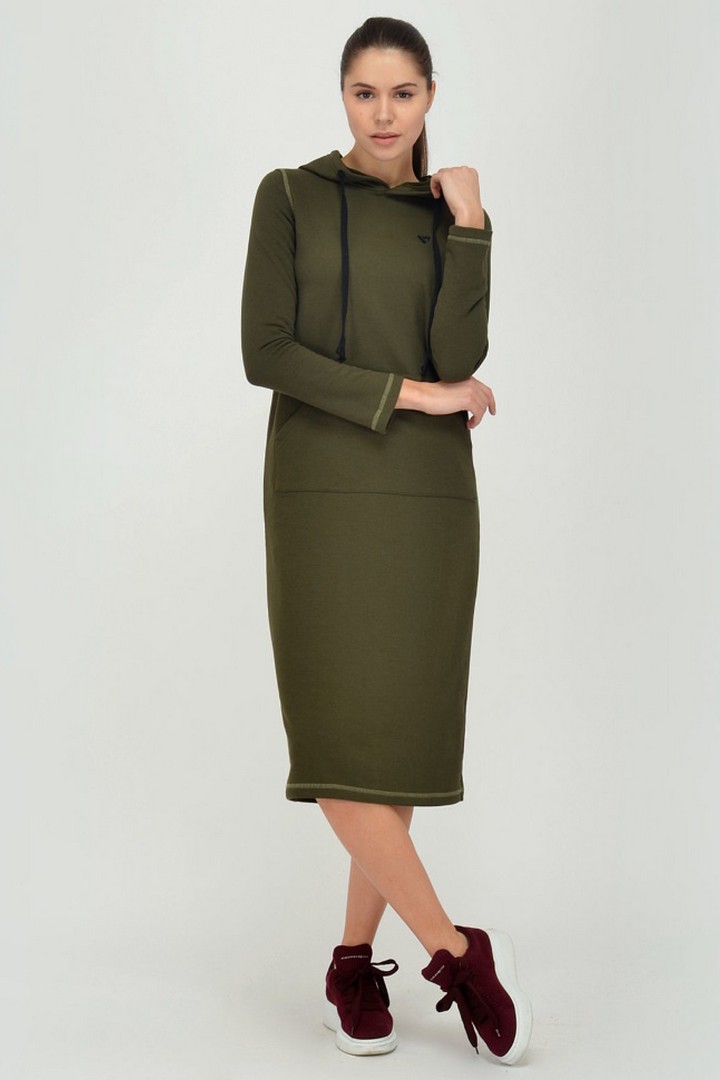 Фото товара 19884, трикотажное платье хаки с капюшоном