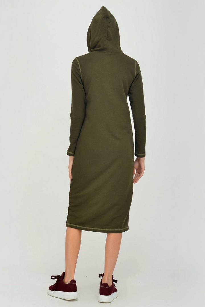 Фото товара 19885, трикотажное платье хаки с капюшоном