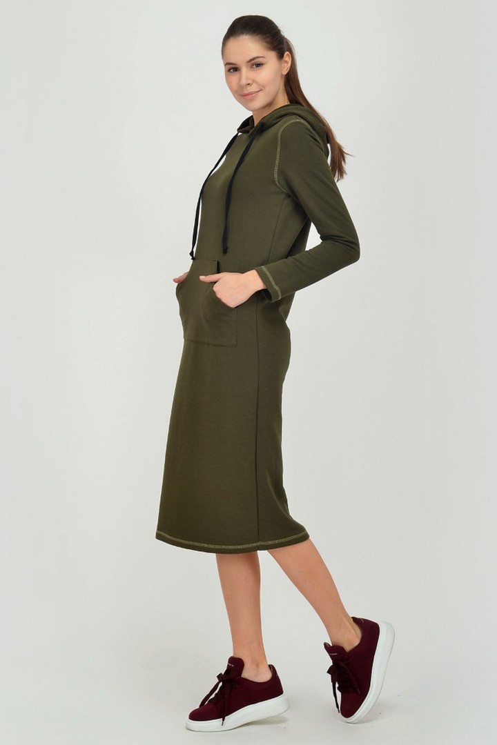 Фото товара 19886, трикотажное платье хаки с капюшоном