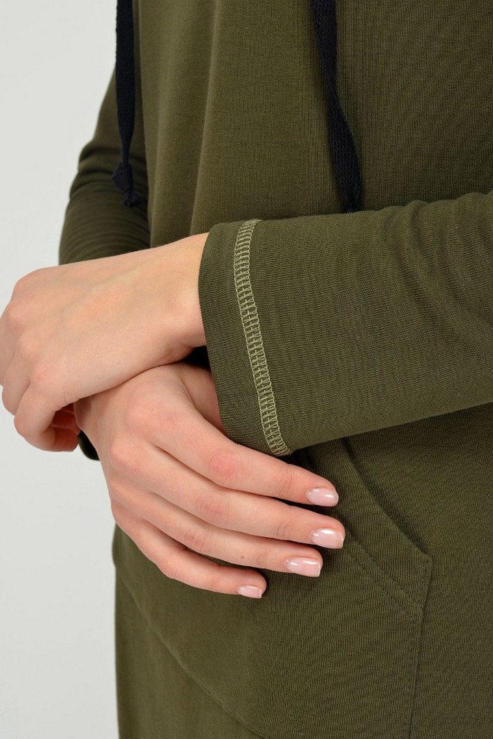 Фото товара 19887, трикотажное платье хаки с капюшоном